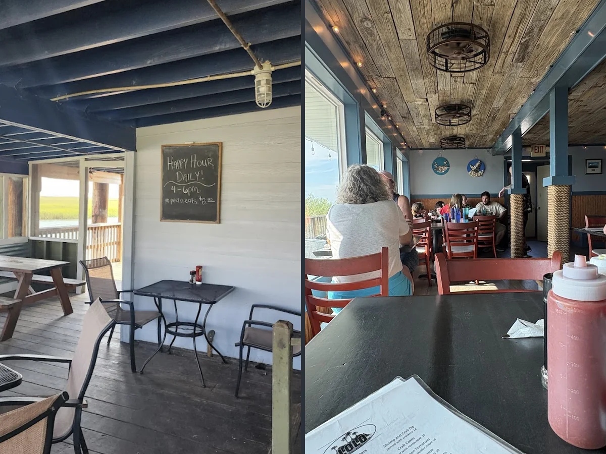 Bright restaurant seating beside large windows.