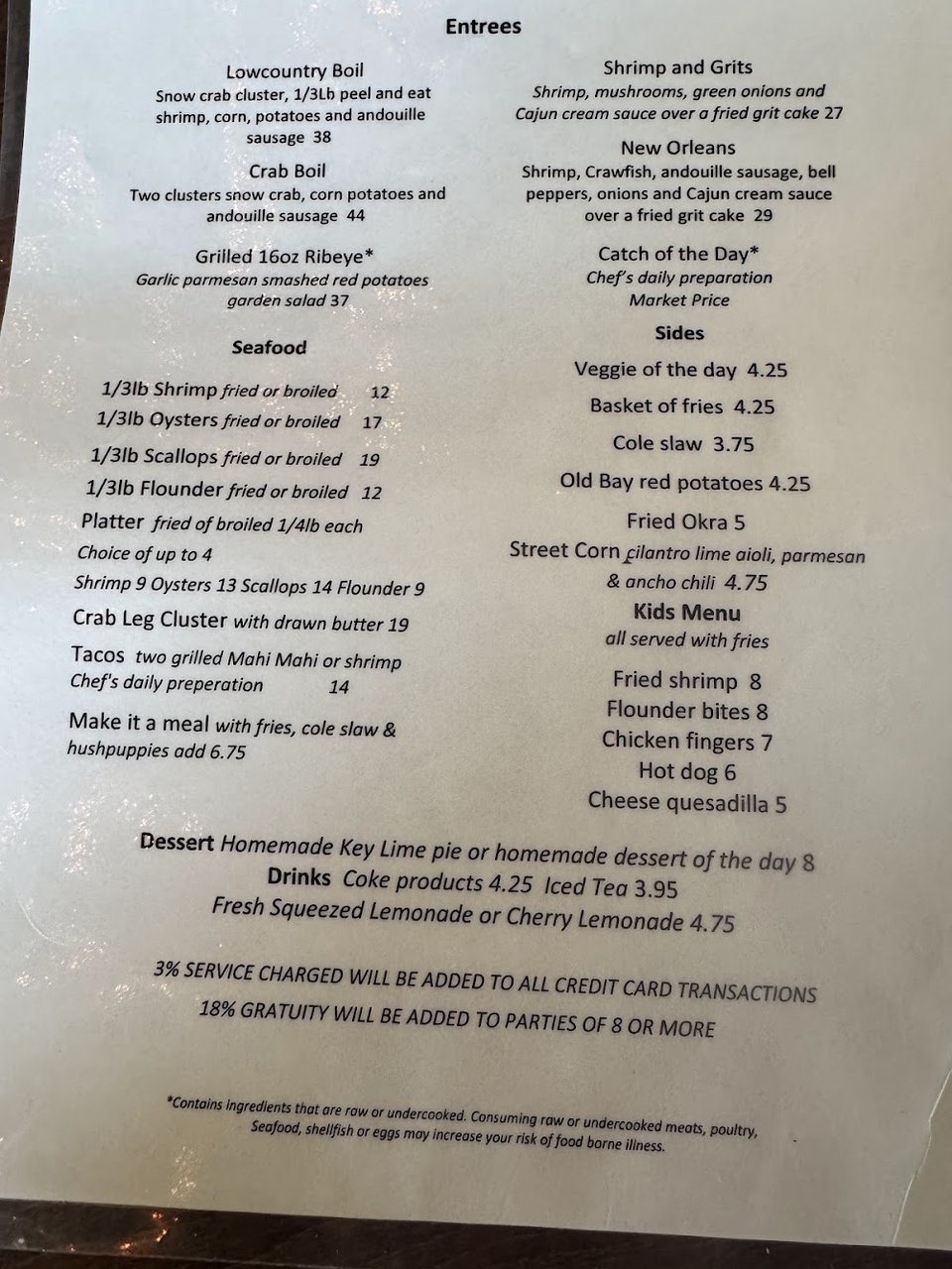 Menu layout showing appetizer choices.